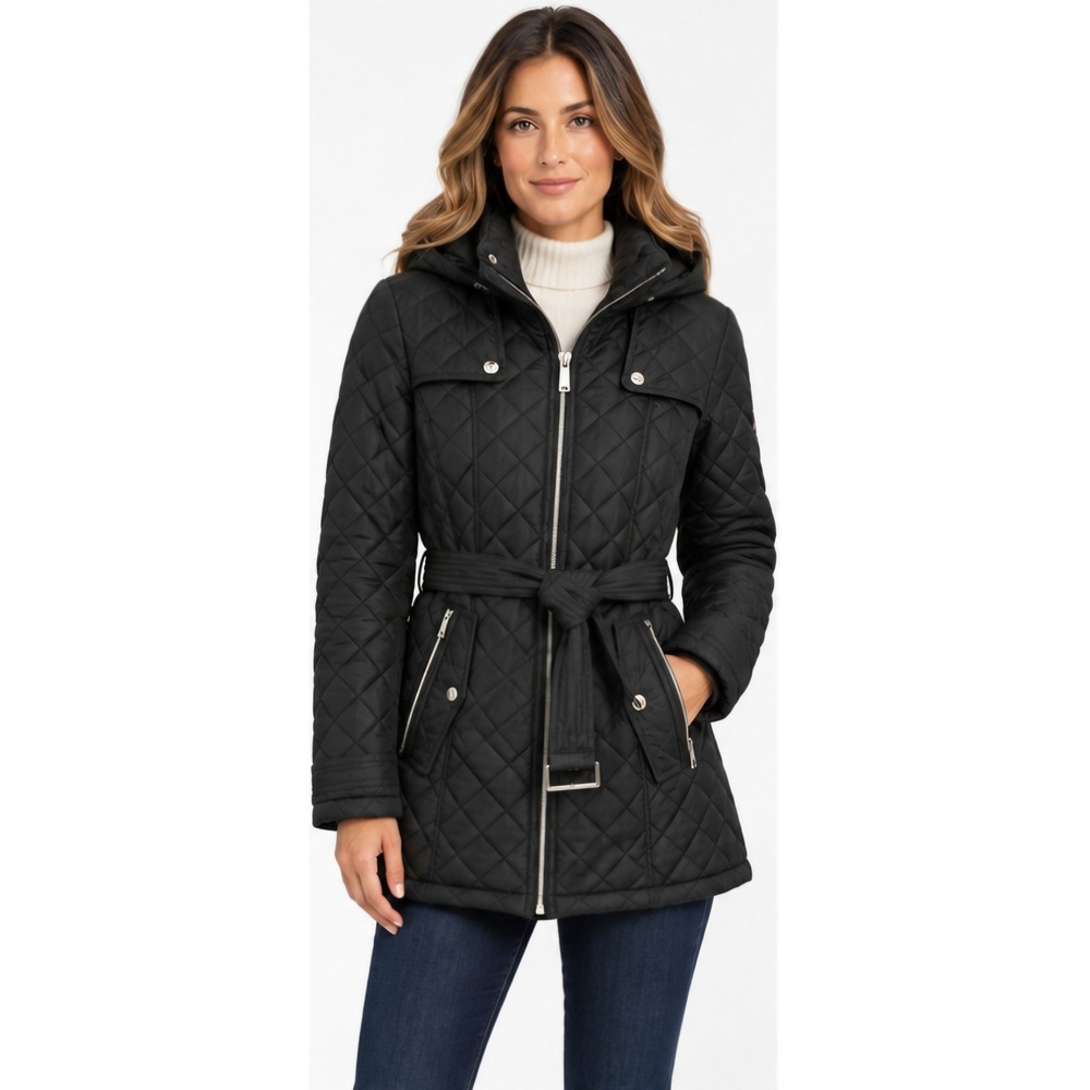 TOMMY HILFIGER Women's Small Black Diamond Quilted Belted Hooded Coat